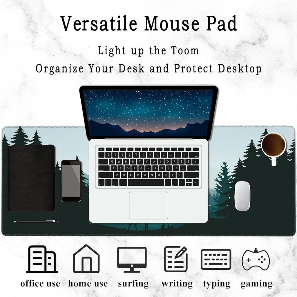 Gaming Mouse Pad Large, Lnk Painting Misty Forest Deer Extended Mouse Pad,Non-Slip Rubber Desktop Mat Sewn Edges, Desktop Decorative Accessories, Suitable for Home, Office 35.5" X 15.7"