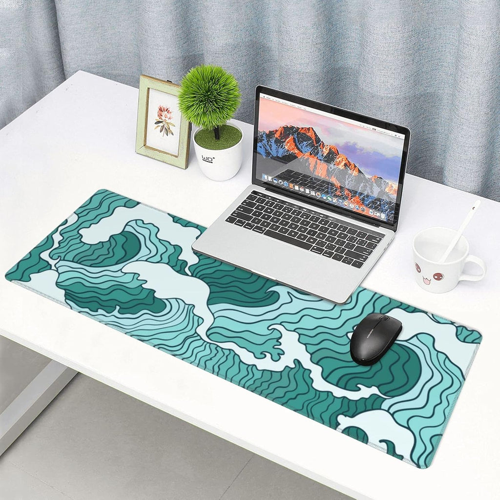 Japanese Green and White Wave Gaming Mouse Pad XL, Non Slip Rubber Base Mousepad, Stitched Edges Desk Pad, Extended Large Mice Pad,31.5 X 11.8 Inch