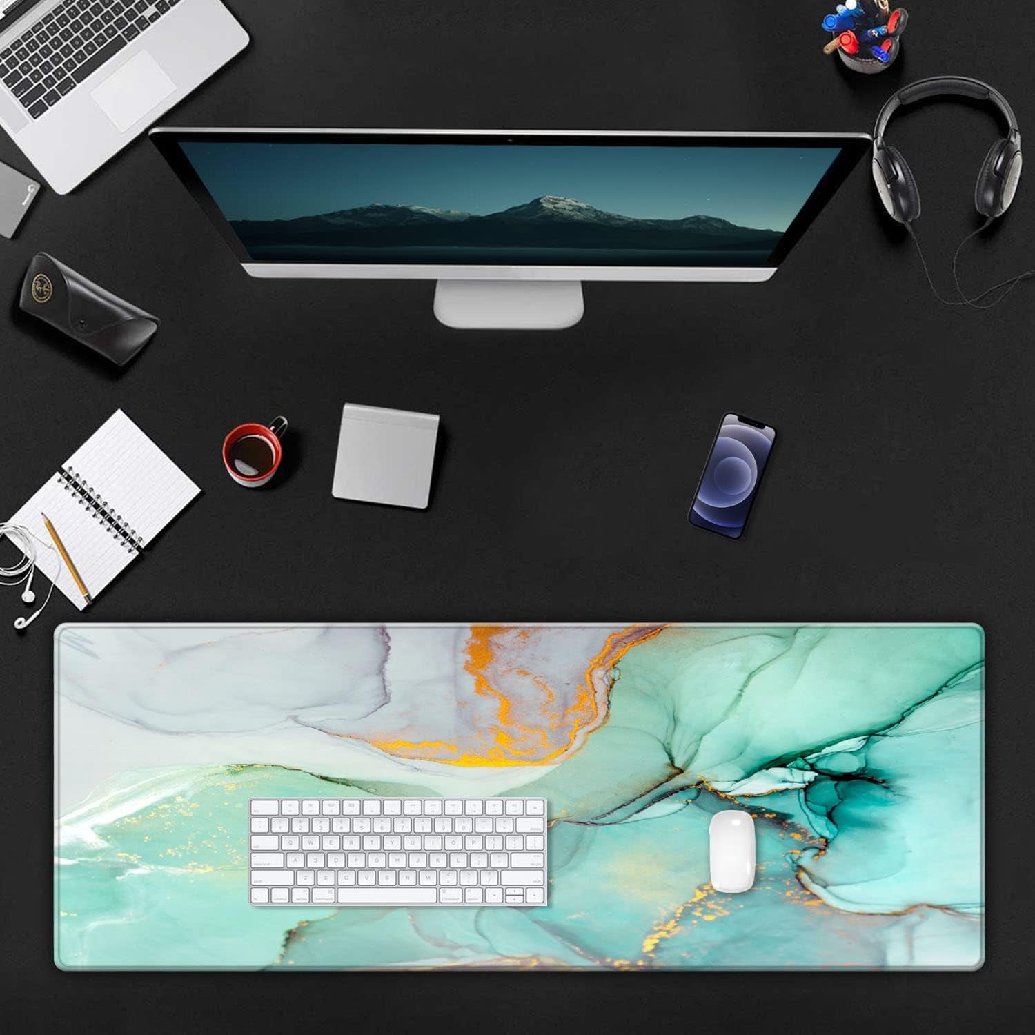 Desk Pad Protector,Large Gaming Mouse Pad,Office Desk Mat,Non-Slip Rubber Base Desk Blotter,Laptop Desk Pad,Waterproof Writing Pad for Office and Home,31.2" X 11.8",Green Marbling