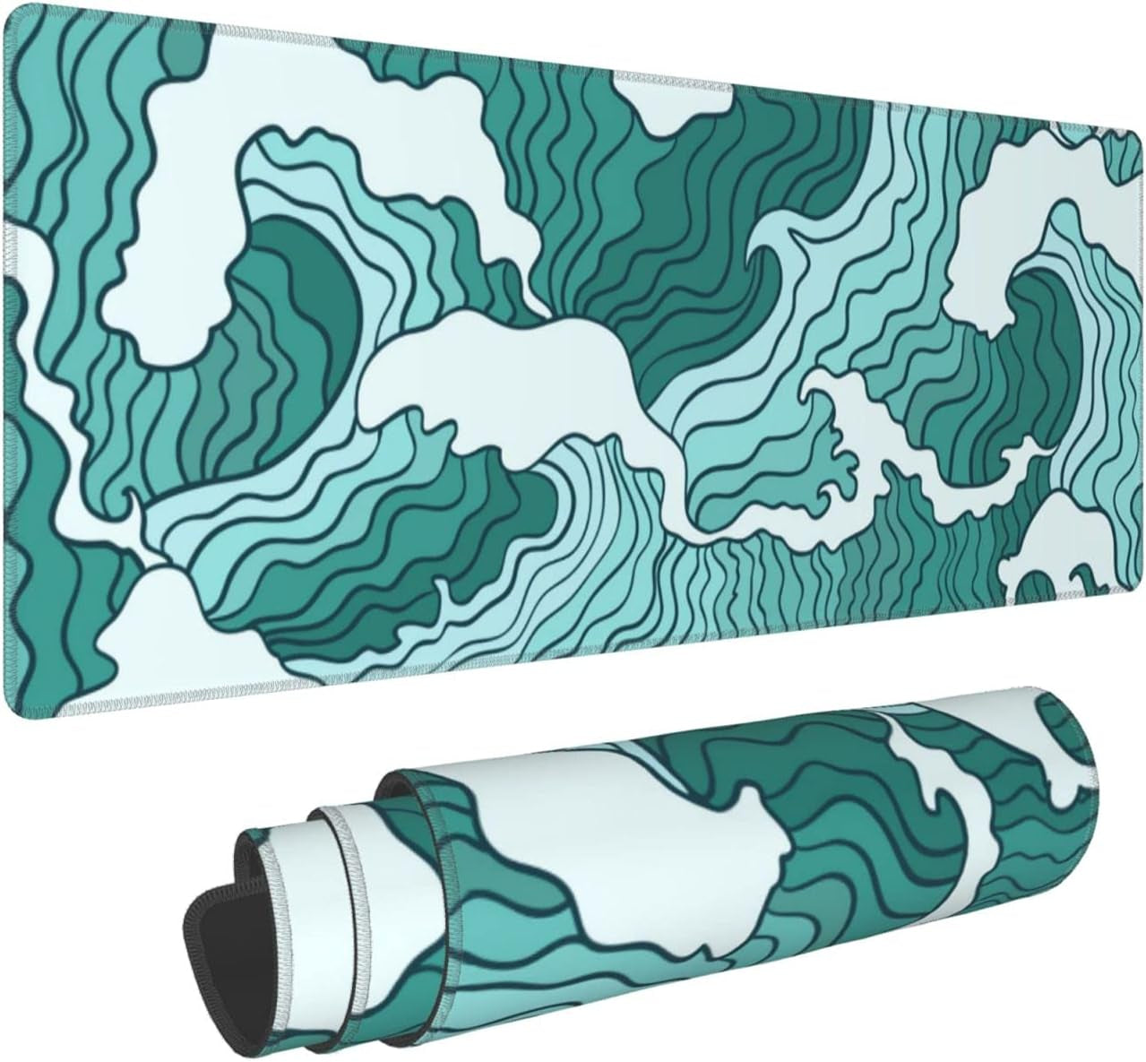 Japanese Green and White Wave Gaming Mouse Pad XL, Non Slip Rubber Base Mousepad, Stitched Edges Desk Pad, Extended Large Mice Pad,31.5 X 11.8 Inch