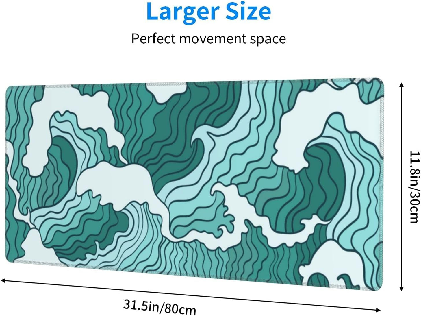 Japanese Green and White Wave Gaming Mouse Pad XL, Non Slip Rubber Base Mousepad, Stitched Edges Desk Pad, Extended Large Mice Pad,31.5 X 11.8 Inch