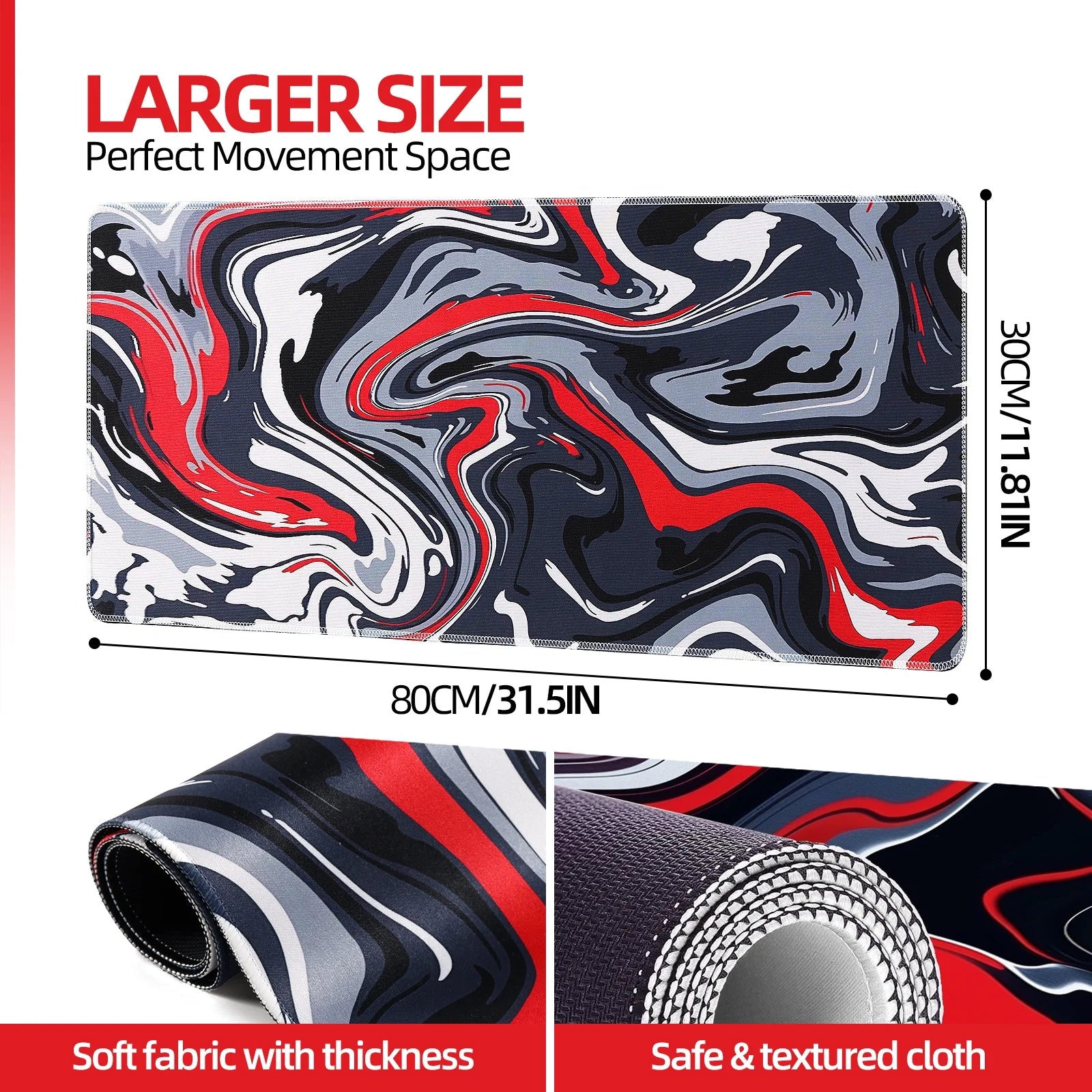 Gaming Mouse Pad, Fluid Pattern Mouse Pad 31.5X11.8Inch Large Extended Computer Mouse Mat Keyboard Full Desk Mousepad for Gaming, Office, Home-Red