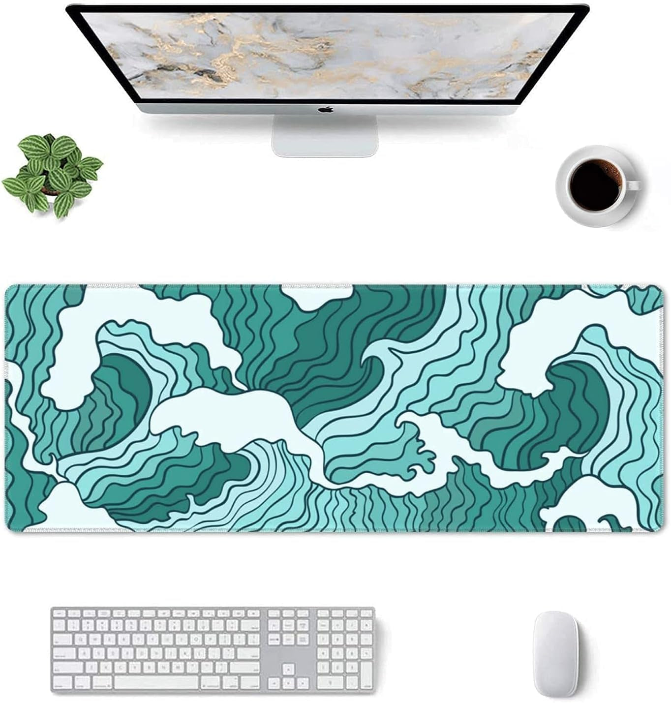 Japanese Green and White Wave Gaming Mouse Pad XL, Non Slip Rubber Base Mousepad, Stitched Edges Desk Pad, Extended Large Mice Pad,31.5 X 11.8 Inch